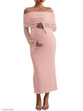 Off Shoulder Flare Sleeve Bodycon Maternity Dress Long Sleeve with Back Slit